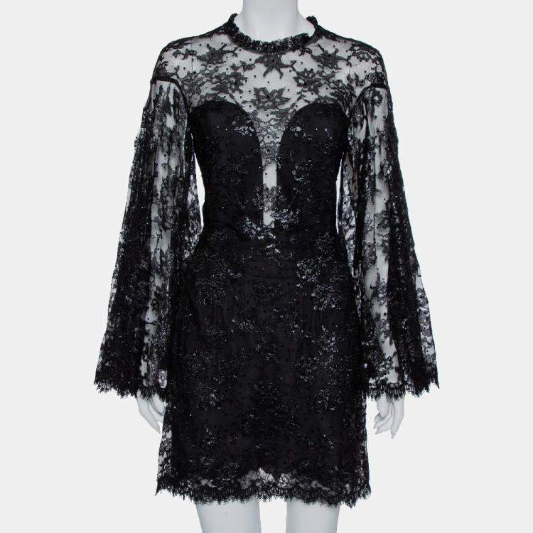 Jenny Packham Black Embellished Metallic Lace Bell Sleeve Detail Mini Dress M Jenny Packham The Luxury Closet