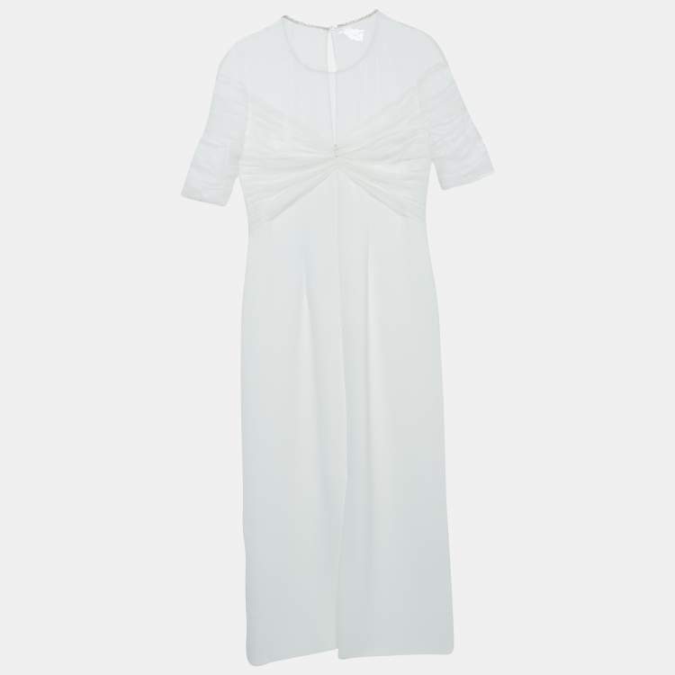 Pre Owned  Jenny Packham White Crystal Embellished Tulle and Crepe Tulip Midi Dress L