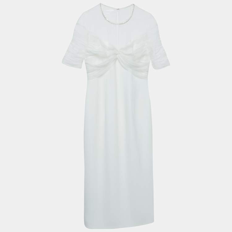 Pre Owned  Jenny Packham White Crystal Embellished Tulle and Crepe Tulip Midi Dress L