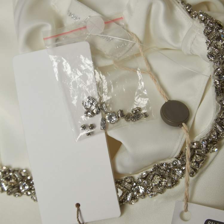 Pre Owned Jenny Packham White Satin Crystal Embellished Neck Wedding Gown L