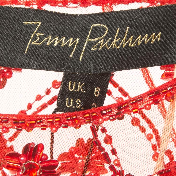 Pre Owned Jenny Packham Robin Red Embroidered Tulle Blouse S