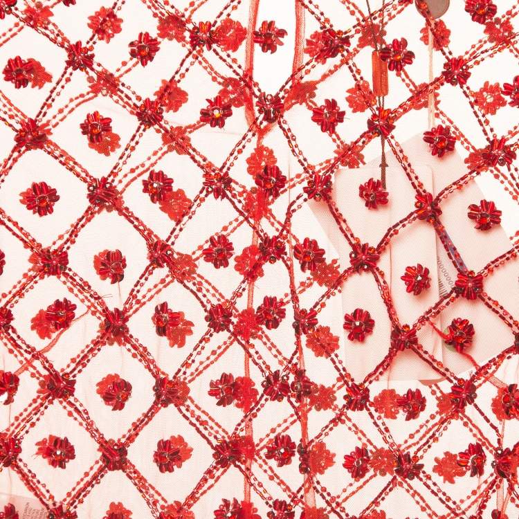 Pre Owned Jenny Packham Robin Red Embroidered Tulle Blouse S