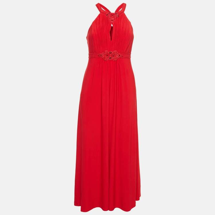 Pre Owned Jenny Packham Red Beaded Jersey Halter Neck Maxi Dress L