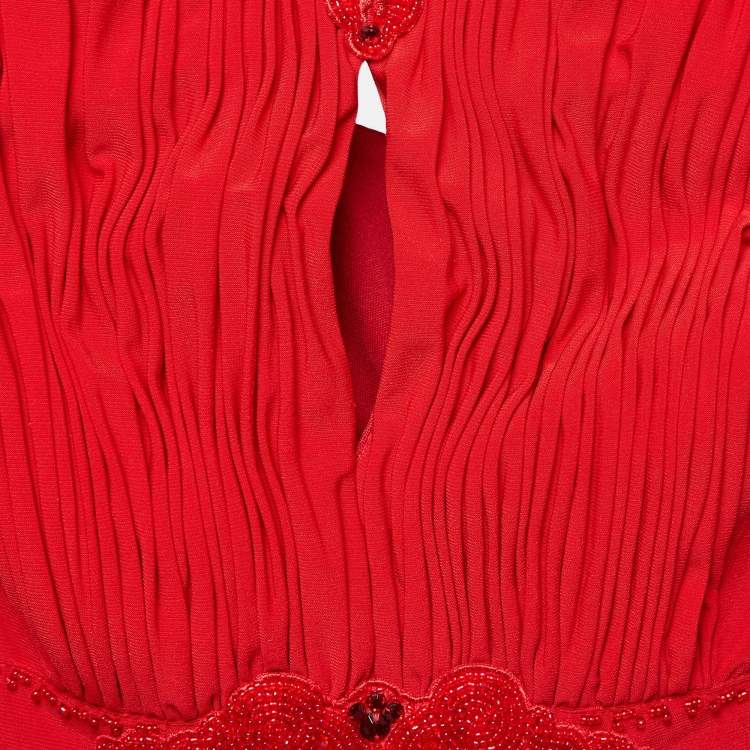 Pre Owned Jenny Packham Red Beaded Jersey Halter Neck Maxi Dress L