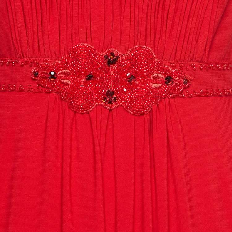 Pre Owned Jenny Packham Red Beaded Jersey Halter Neck Maxi Dress L