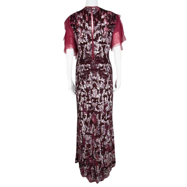 Pre Owned Jenny Packham Red Sequin Embellished Ruffled Sleeve Maxi Dress L