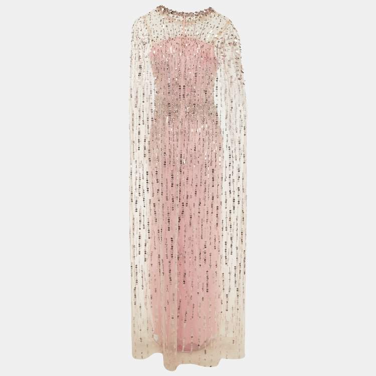 Pre Owned Jenny Packham Pink Sequin Embellished Mesh Cape Gown M