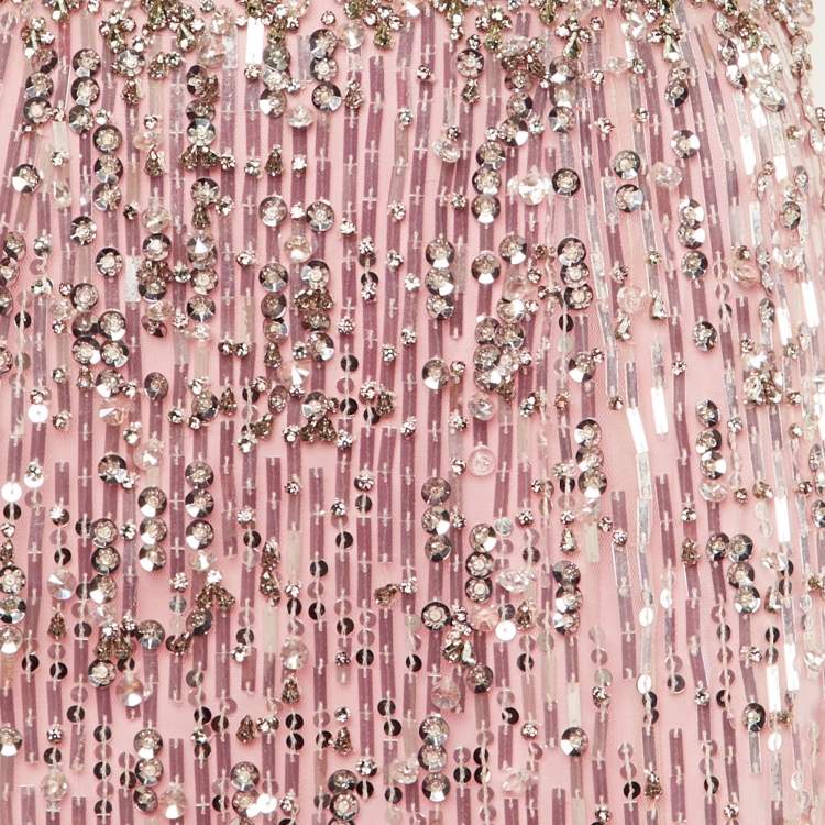 Pre Owned Jenny Packham Pink Sequin Embellished Mesh Cape Gown M