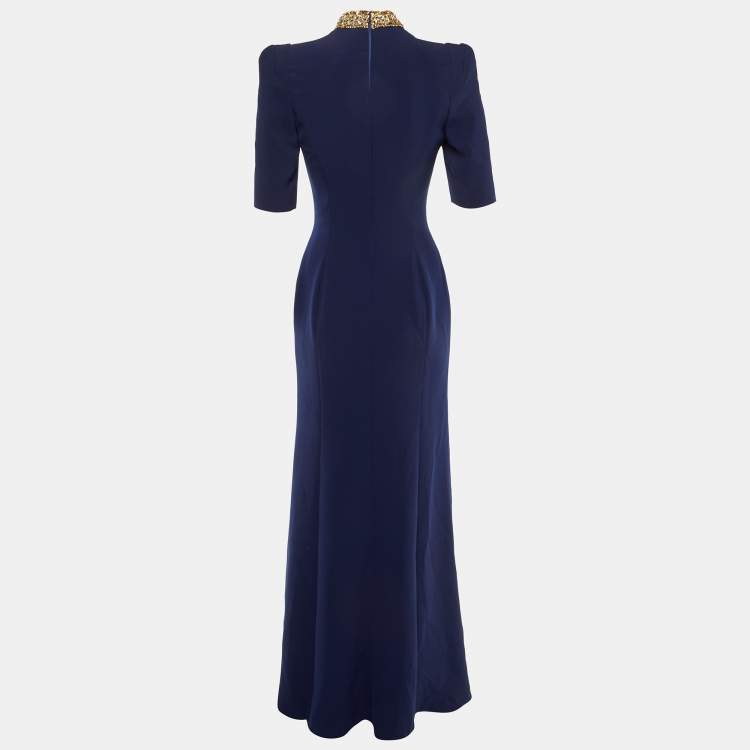 Pre Owned Jenny Packham Navy Blue Embellished Crepe Gown S