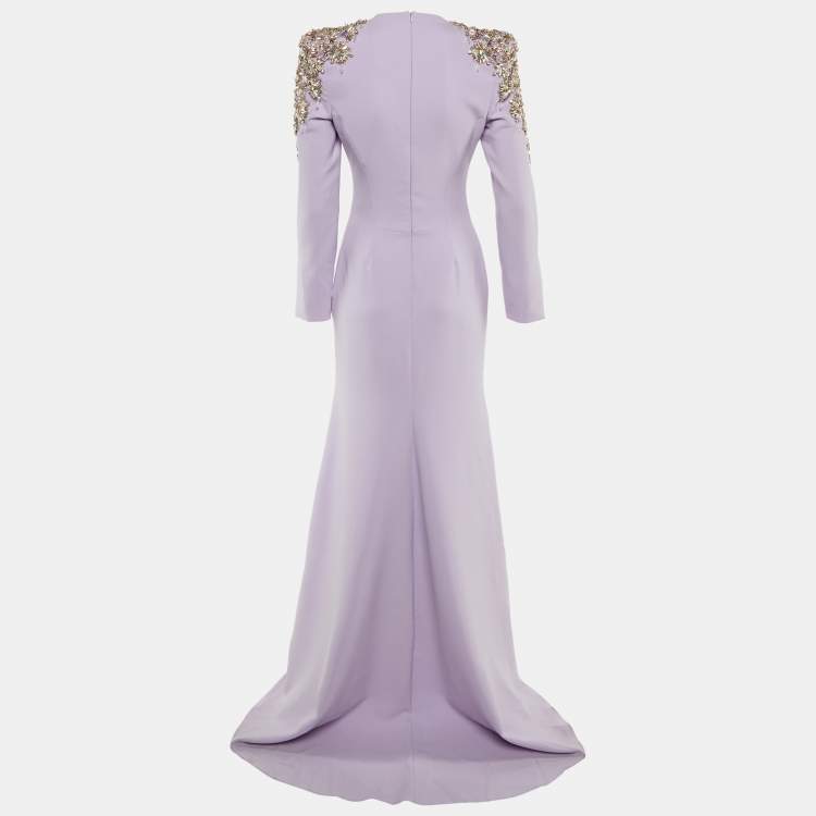 Pre Owned Jenny Packham Lavender Crepe Embellished Shoulder Gown S