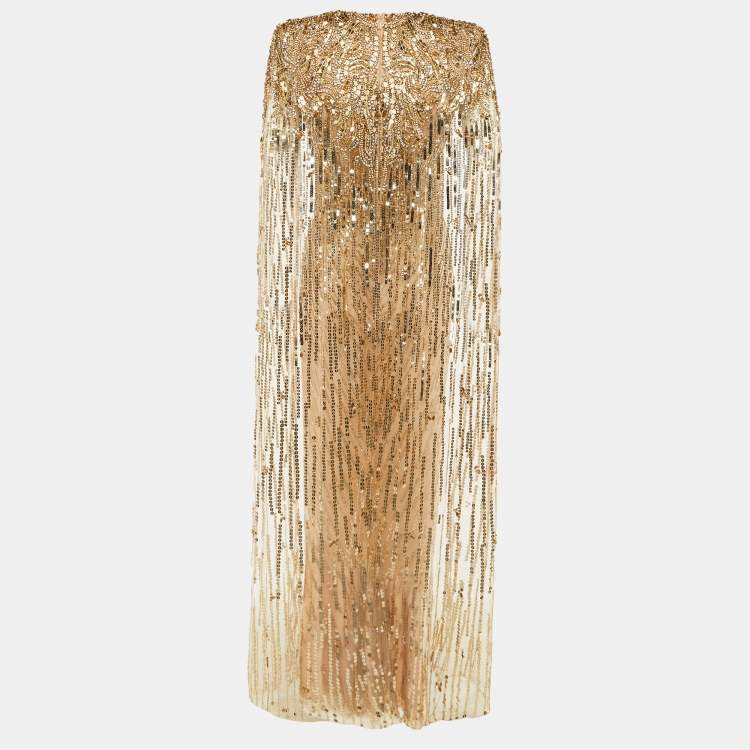 Pre Owned Jenny Packham Gold Embellished Tulle Lotus Lady Gown M