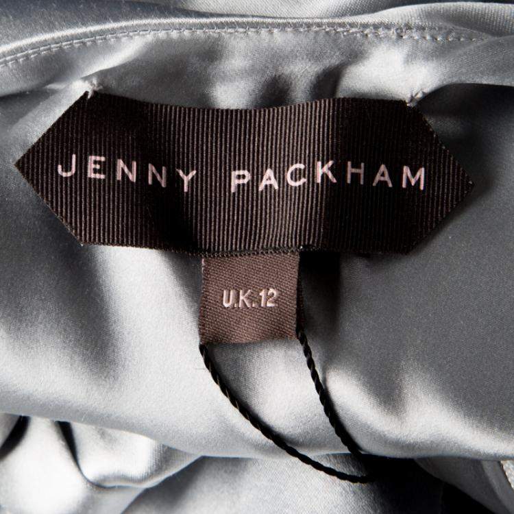 Pre Owned Jenny Packham Grey Satin Embellished Halter Evening Gown M