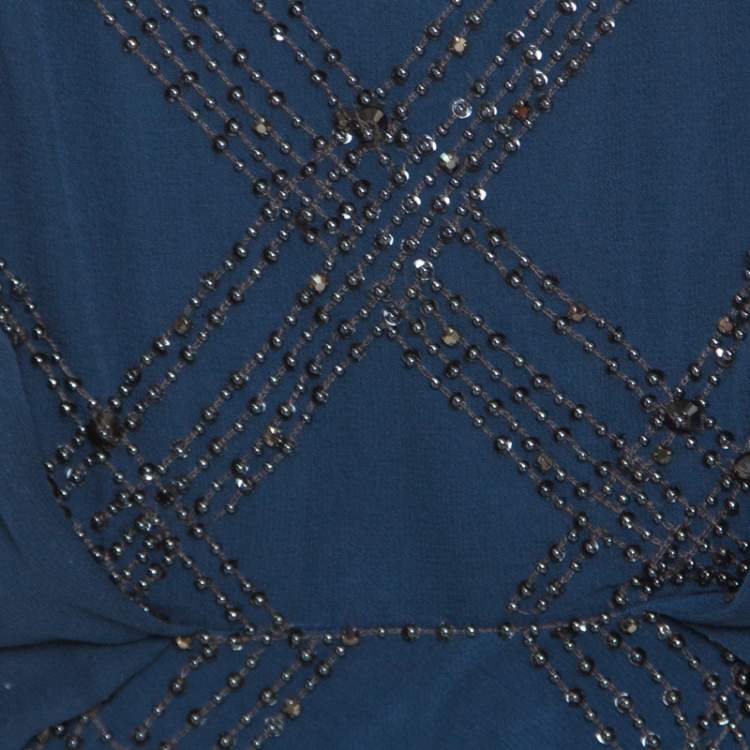 Pre Owned Jenny Packham Blue Embellished Silk Cutout Back Detail Blouson Gown M