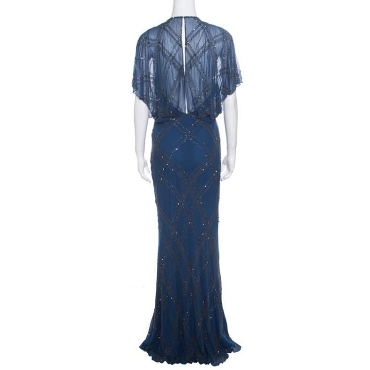 Pre Owned Jenny Packham Blue Embellished Silk Cutout Back Detail Blouson Gown M