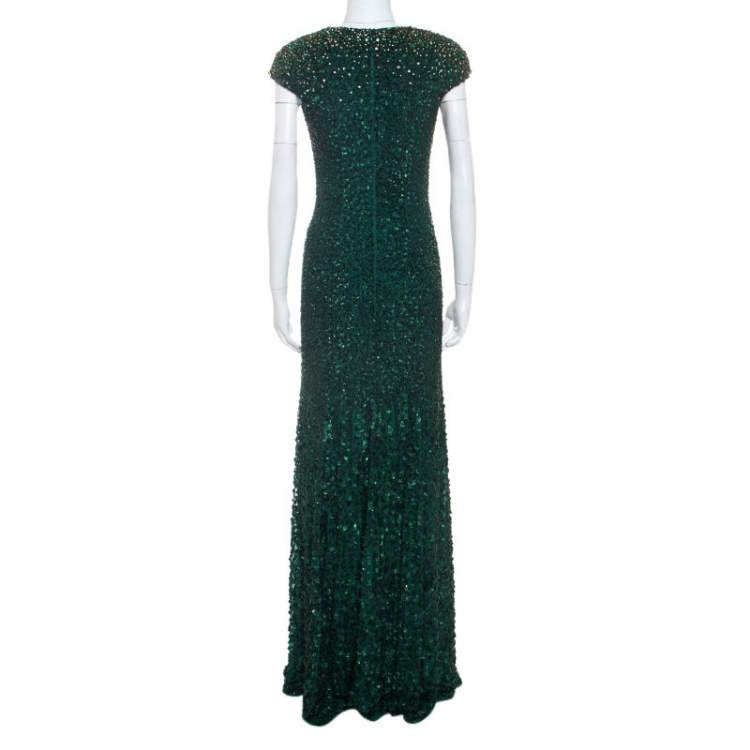 Pre Owned Jenny Packham Green Embellished Matador Evening Gown