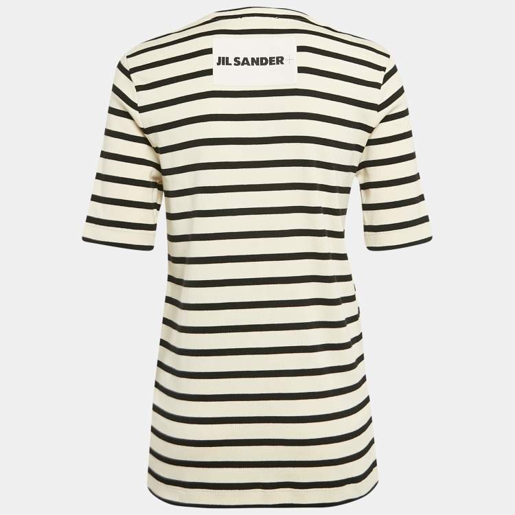 Pre Owned Jil Sander Cream/Black Striped Cotton Rib Knit T-shirt L