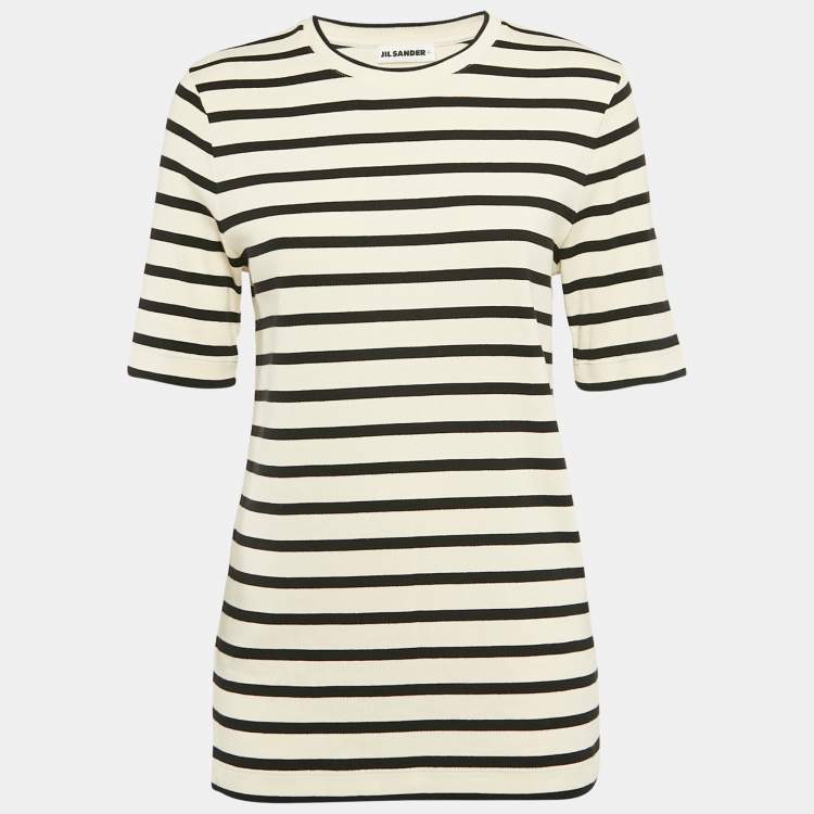 Pre Owned Jil Sander Cream/Black Striped Cotton Rib Knit T-shirt L