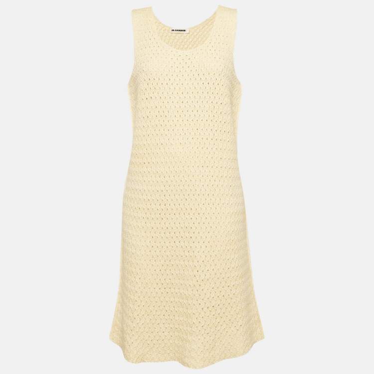 Pre Owned Jil Sander Yellow Crochet Knit Short Sleeveless Dress L
