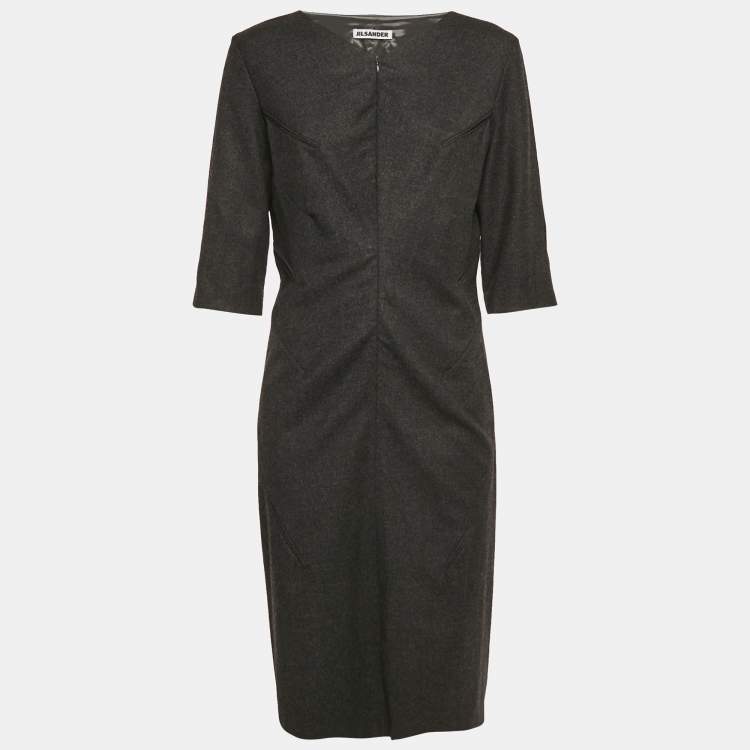 Pre Owned Jil Sander Grey Wool V-Neck Sheath Dress L