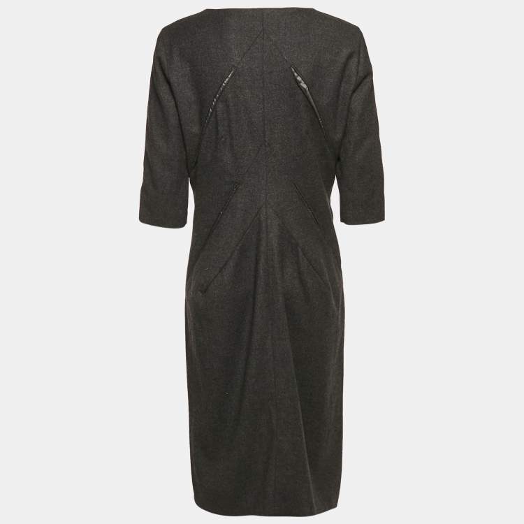 Pre Owned Jil Sander Grey Wool V-Neck Sheath Dress L