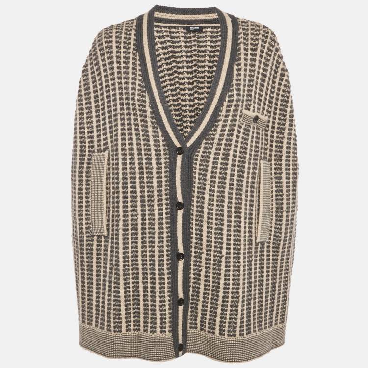 Pre Owned Jil Sander Navy Blue/ Beige Pattered Wool Button Front Cardigan L