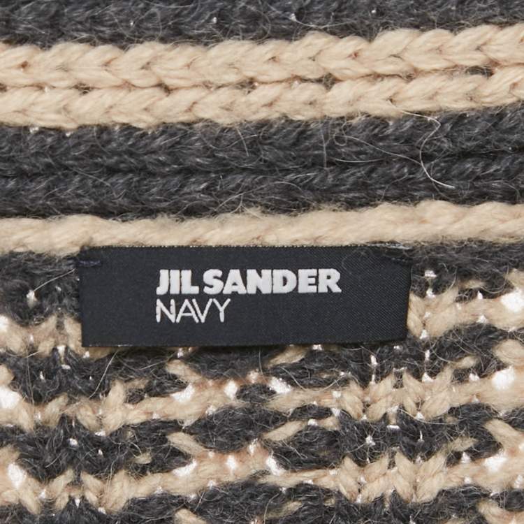 Pre Owned Jil Sander Navy Blue/ Beige Pattered Wool Button Front Cardigan L