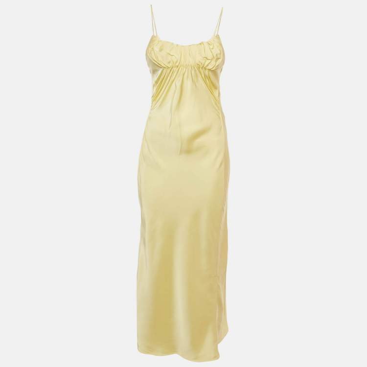 Pre Owned Jil Sander Yellow Satin Draped Neck Long Dress S