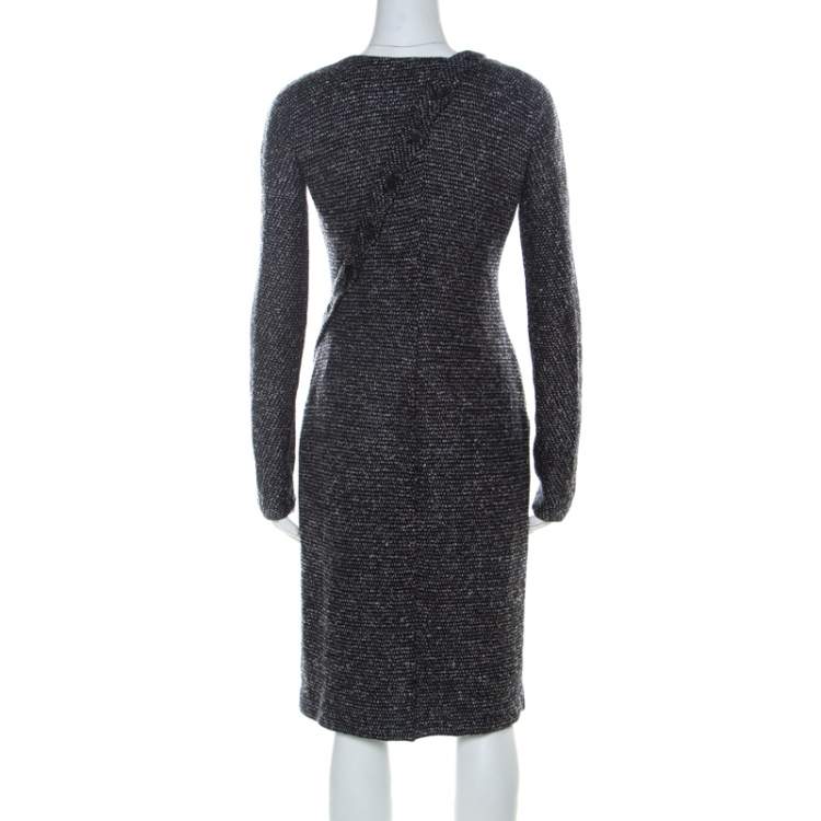 Pre Owned Jil Sander Monochrome Wool Blend Textured Wrap-Button Detail Sheath Dress M