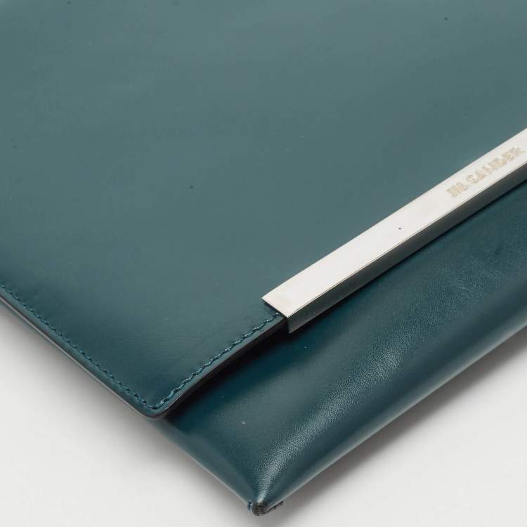 Pre Owned Jil Sander Teal Green Leather Metal Flap Wristlet Clutch