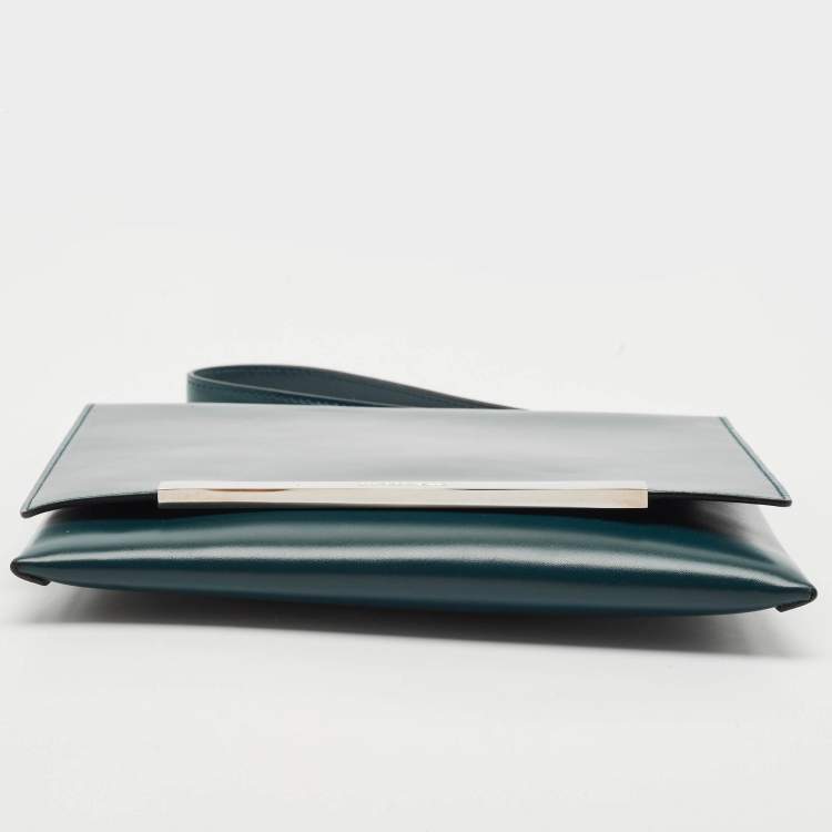 Pre Owned Jil Sander Teal Green Leather Metal Flap Wristlet Clutch