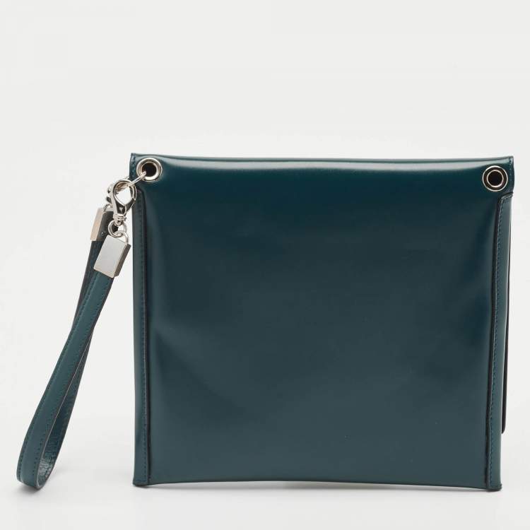 Pre Owned Jil Sander Teal Green Leather Metal Flap Wristlet Clutch