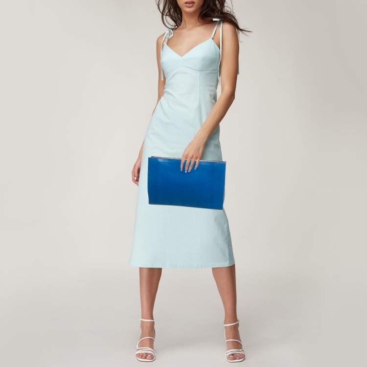 Pre Owned Jil Sander Blue/Off White Leather Triple Compartment Clutch