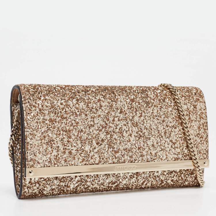 Pre Owned Jimmy Choo Gold Glitter Milla Chain Clutch