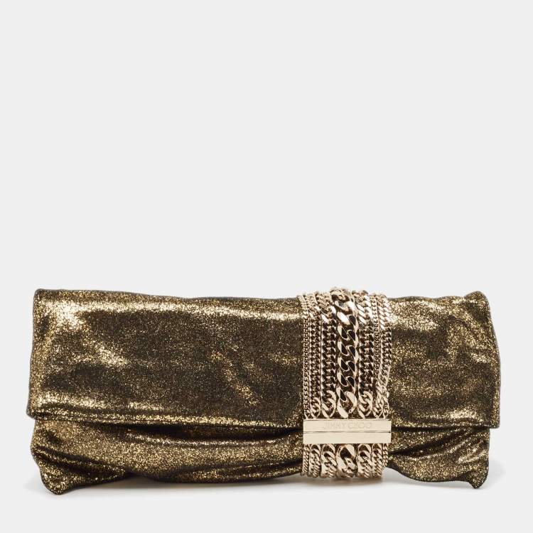 Pre Owned Jimmy Choo Gold Glitter Suede Chandra Clutch