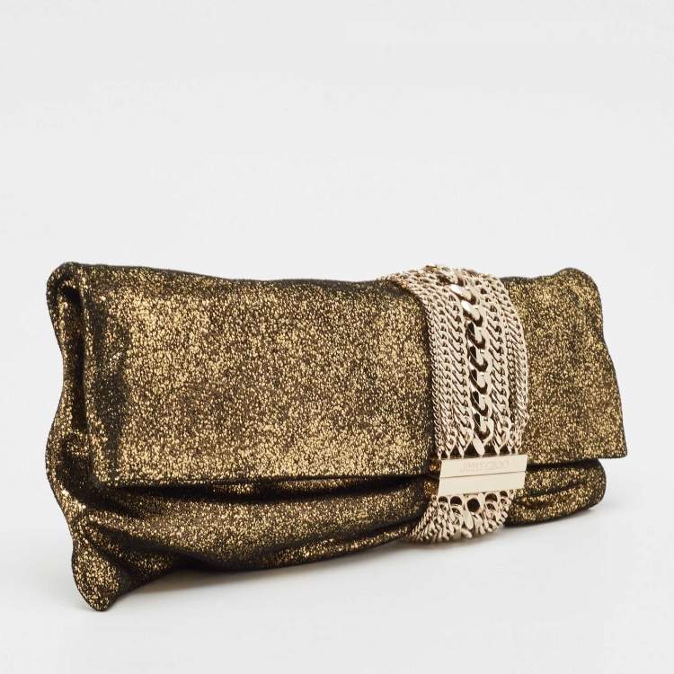 Pre Owned Jimmy Choo Gold Glitter Suede Chandra Clutch
