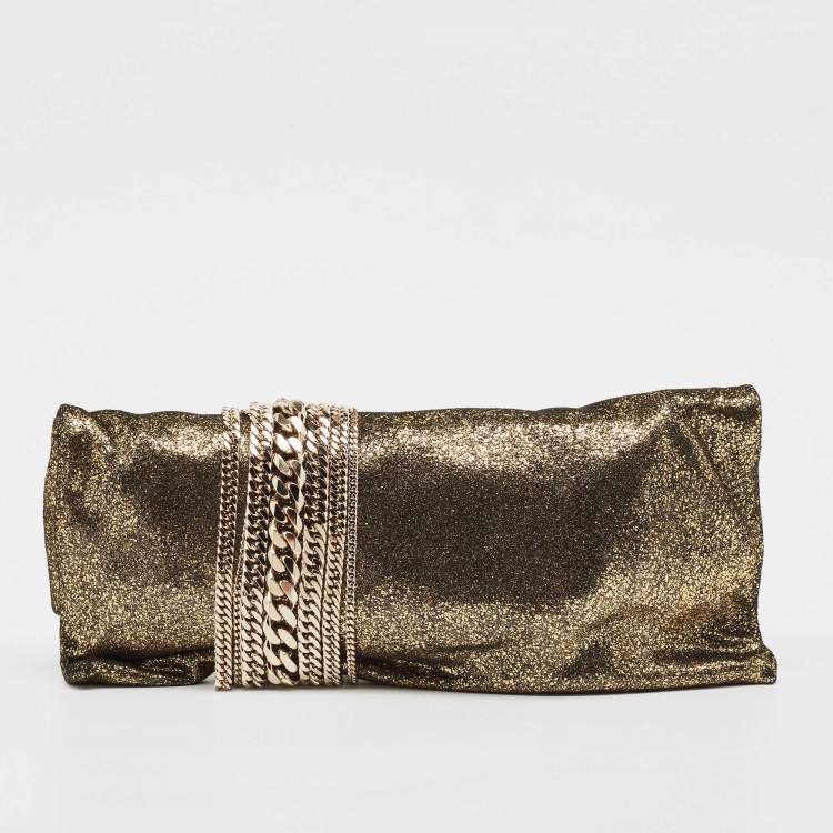 Pre Owned Jimmy Choo Gold Glitter Suede Chandra Clutch