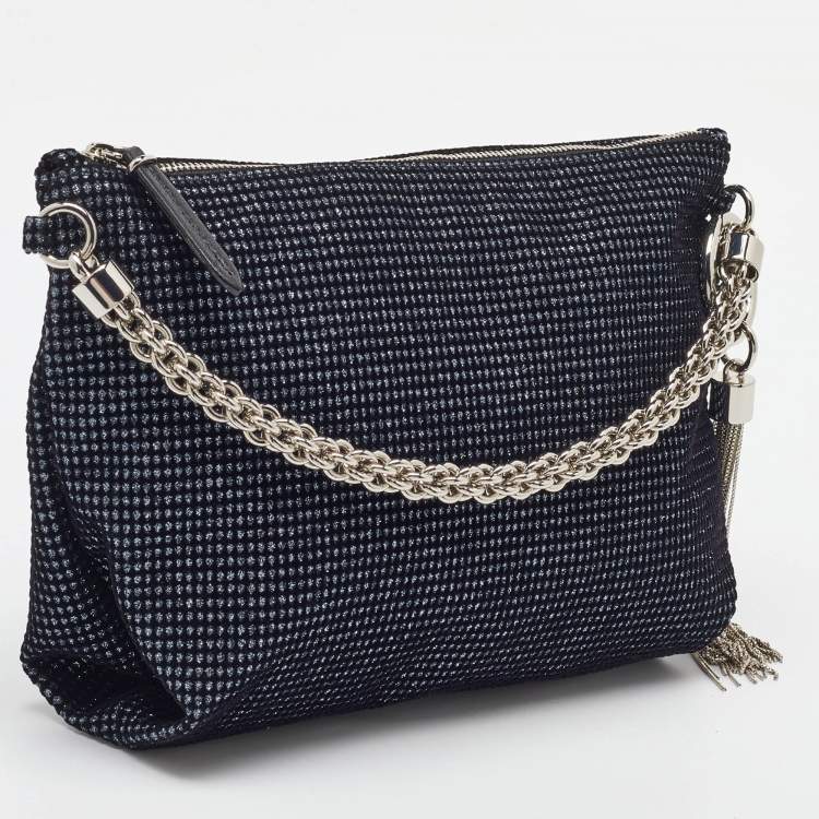 Pre Owned Jimmy Choo Navy Blue Metallic Velvet Callie Chain Clutch