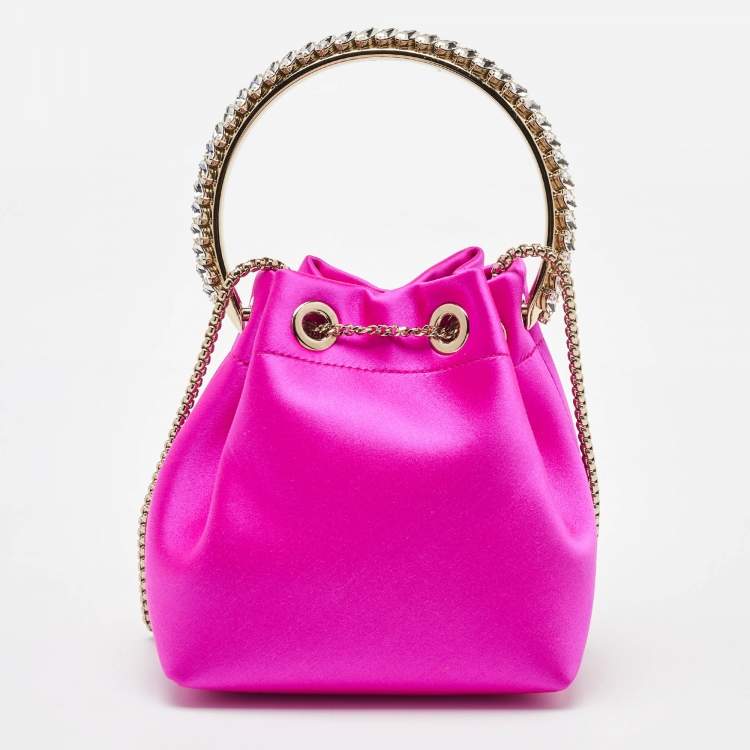 Pre Owned Jimmy Choo Fuchsia Satin Bon Bon Crystal Embellished Bucket Bag