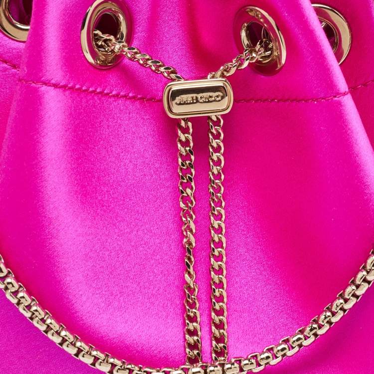 Pre Owned Jimmy Choo Fuchsia Satin Bon Bon Crystal Embellished Bucket Bag