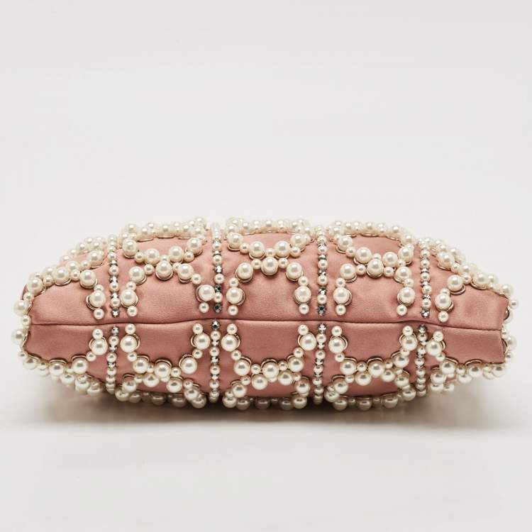 Pre Owned Jimmy Choo Dusty Pink Satin Pearl Embellished Callie Clutch
