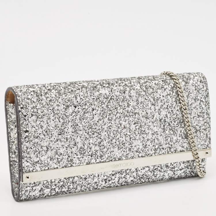 Pre Owned Jimmy Choo Silver Glitter Milla Chain Clutch