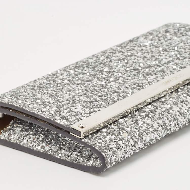 Pre Owned Jimmy Choo Silver Glitter Milla Chain Clutch