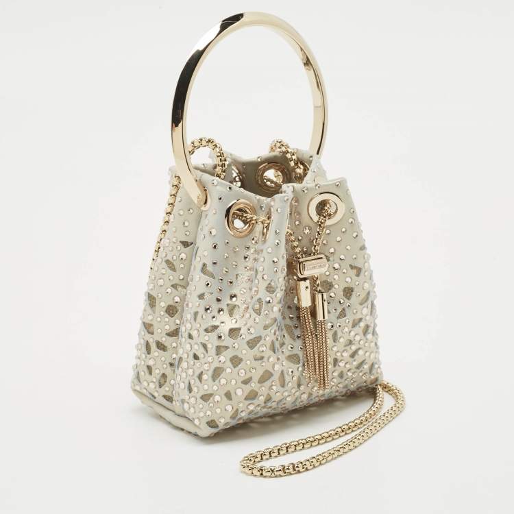 Pre Owned Jimmy Choo Gold/Blue Suede Crystal Embellished Micro Bon Bon Bucket Bag