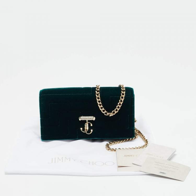 Pre Owned Jimmy Choo Dark Green Quilted Velvet Avenue Wallet On Chain