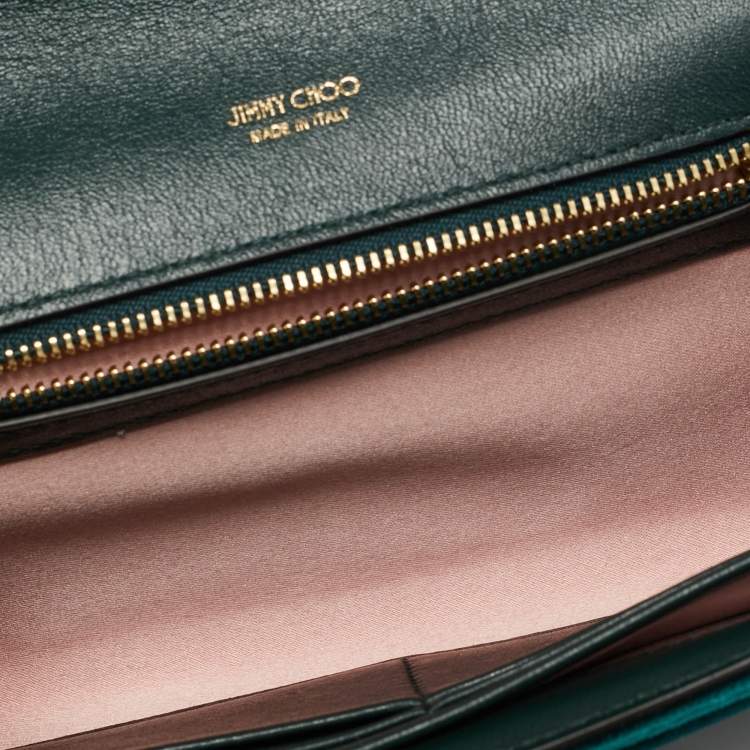 Pre Owned Jimmy Choo Dark Green Quilted Velvet Avenue Wallet On Chain