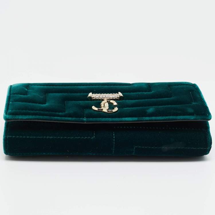 Pre Owned Jimmy Choo Dark Green Quilted Velvet Avenue Wallet On Chain