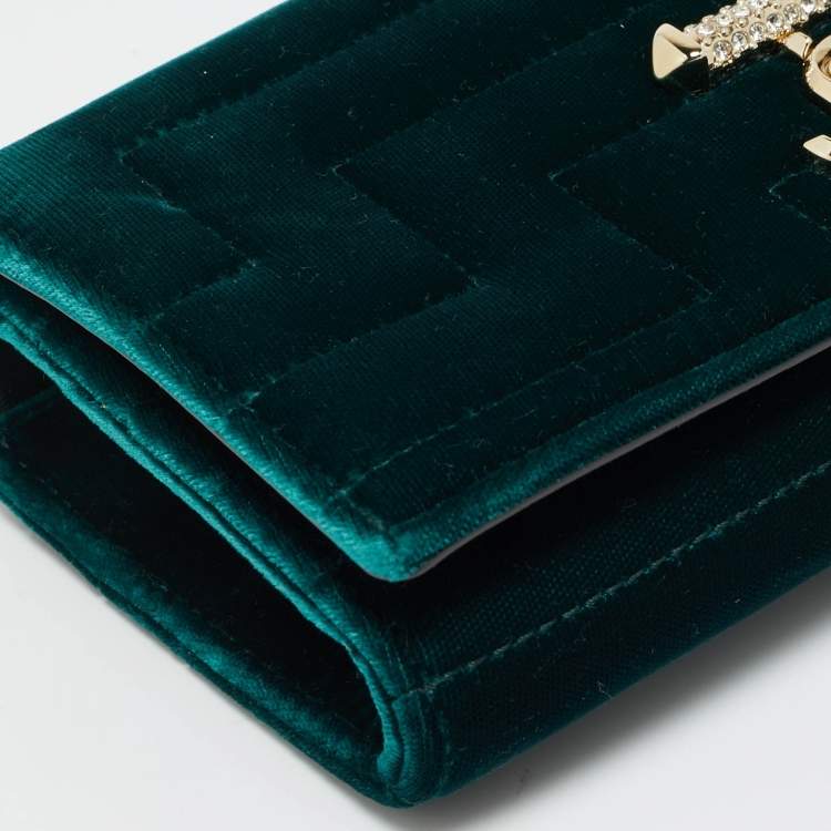 Pre Owned Jimmy Choo Dark Green Quilted Velvet Avenue Wallet On Chain