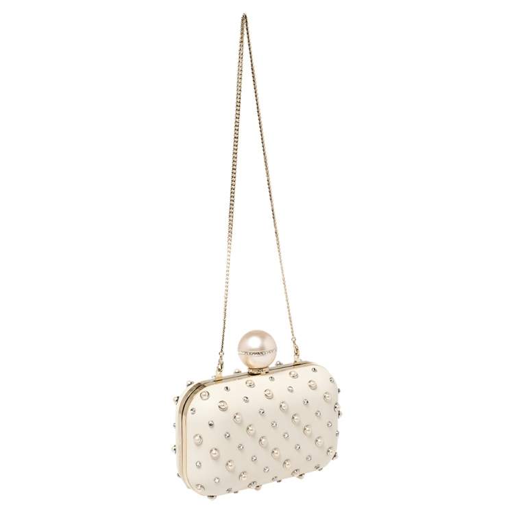 Pre Owned Jimmy Choo Cream Leather Pearl Mix Ball Clasp Cloud Clutch
