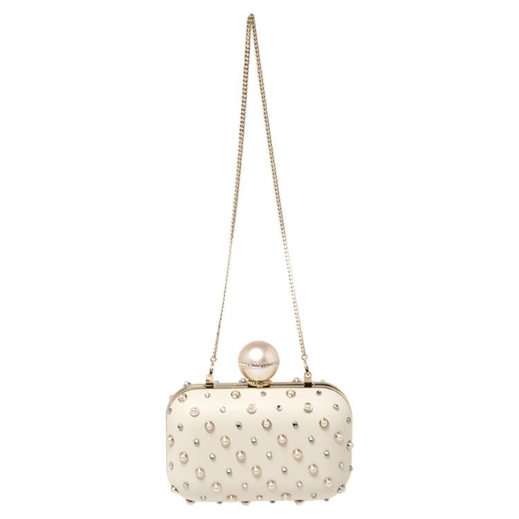 Pre Owned Jimmy Choo Cream Leather Pearl Mix Ball Clasp Cloud Clutch