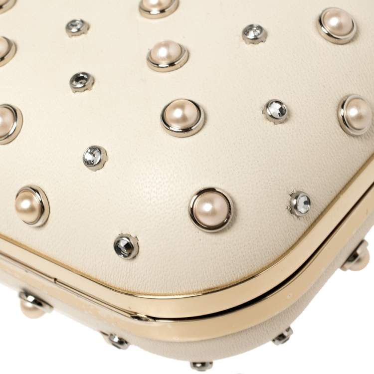 Pre Owned Jimmy Choo Cream Leather Pearl Mix Ball Clasp Cloud Clutch